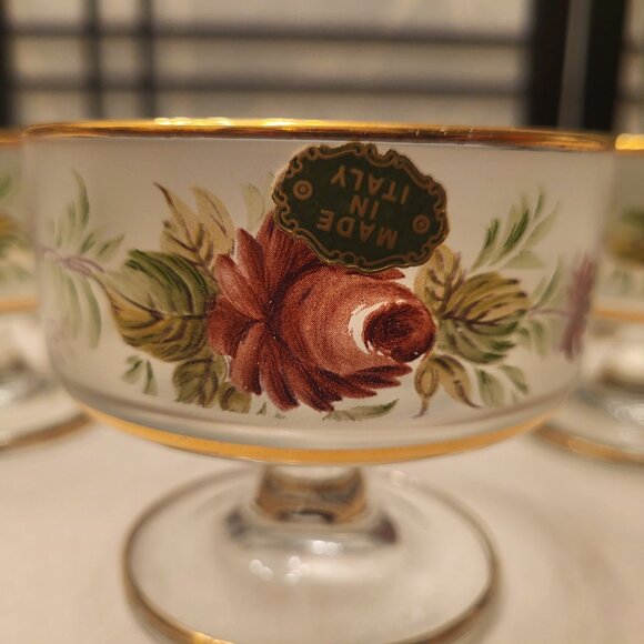 60s Italian Frosted Hand Painted Sherbet Glasses w/ Gold Trim - Set of 6 - Picture 2 of 4